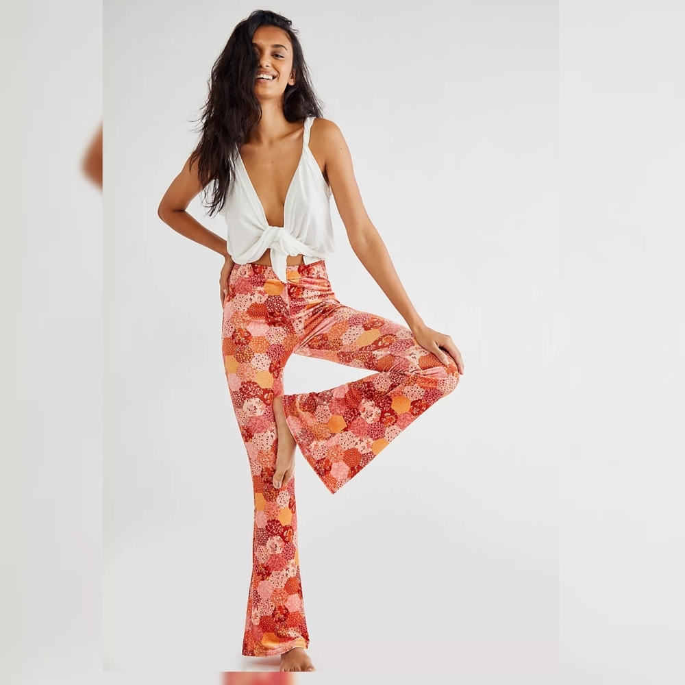 Flare Street X Free People Endoria Patchwork Flare Pants Pink Women's Size XL